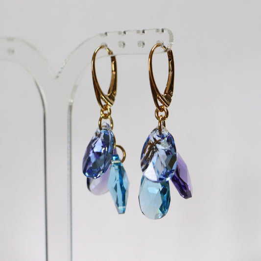 Boucles d'oreilles avec cristaux Swarovski, argent doré, bleu aquamarine, FLEUR