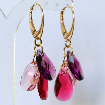 Earrings with Swarovski crystals, gold-plated silver, raspberry red, FLOWER