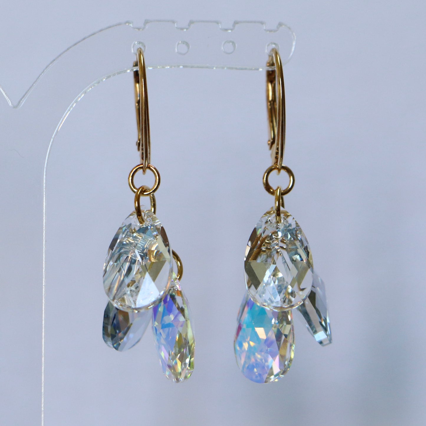 Boucles d'oreilles avec cristaux Swarovski, argent doré, cristal AB, FLEUR