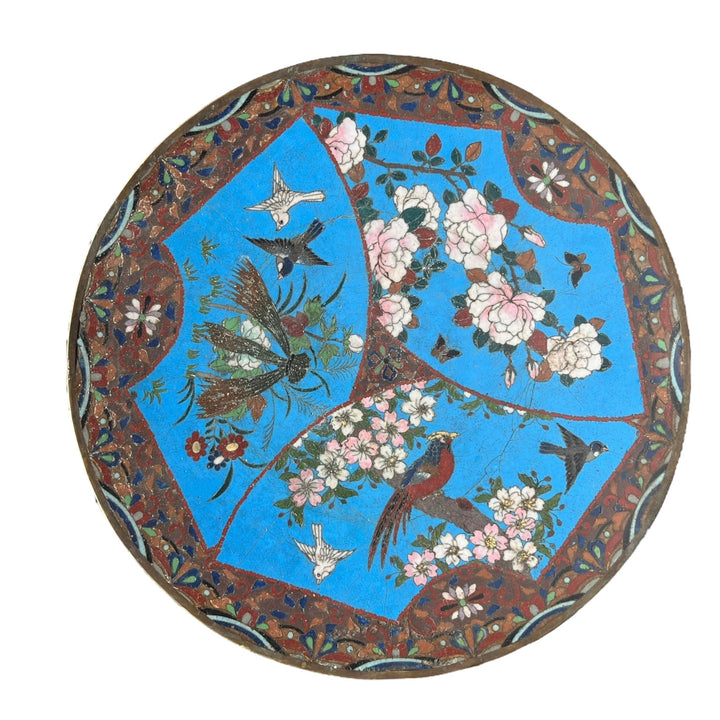 Japanese copper dish with cloisonné enamel birds Meiji period 19th century