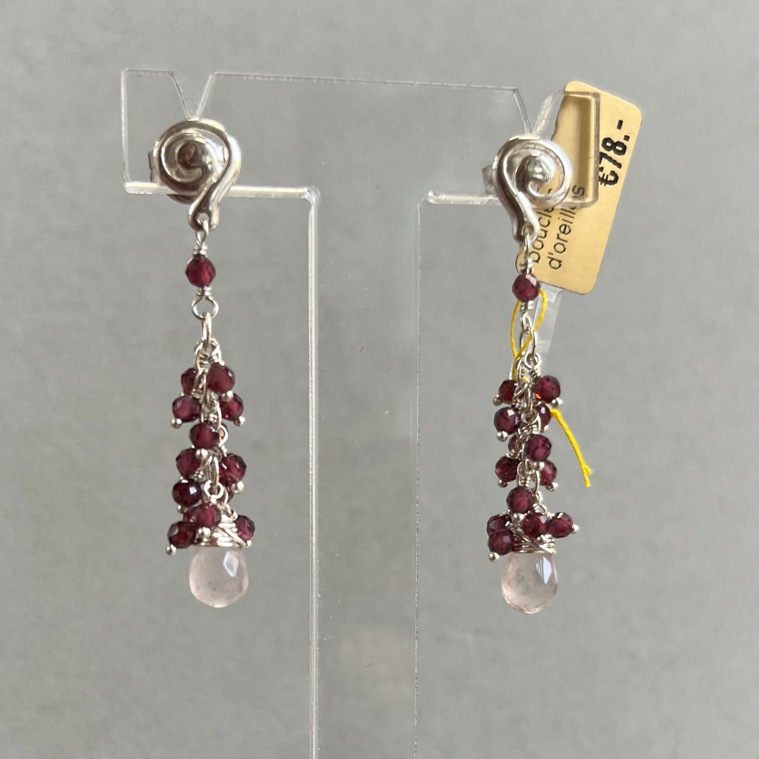 Boucles d’oreilles avec grenat et quartz rose, en argent