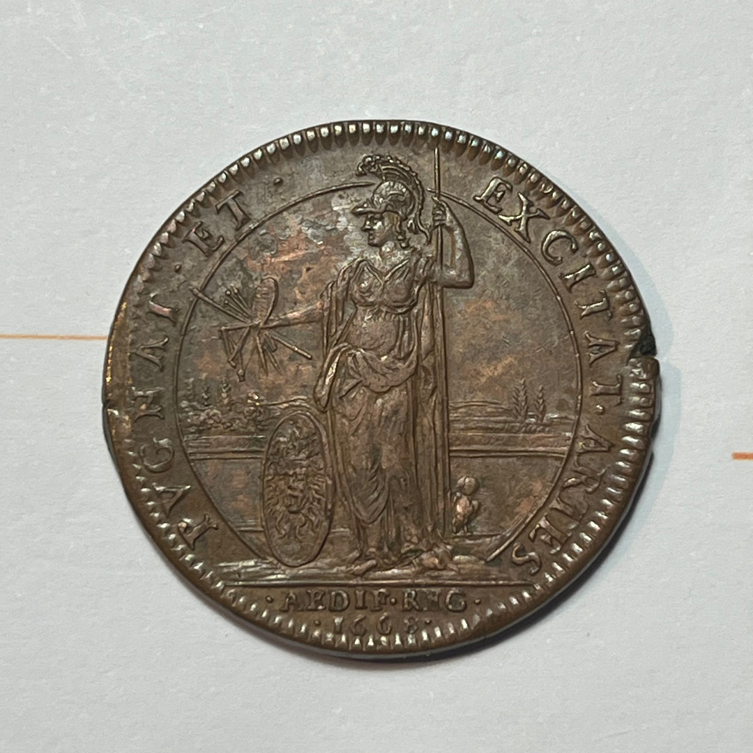 Copper token, king's building, LOUIS XIV 1668