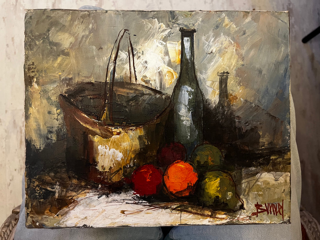 Tableau nature morte au chaudron de cuivre et
fruits par Bunuel