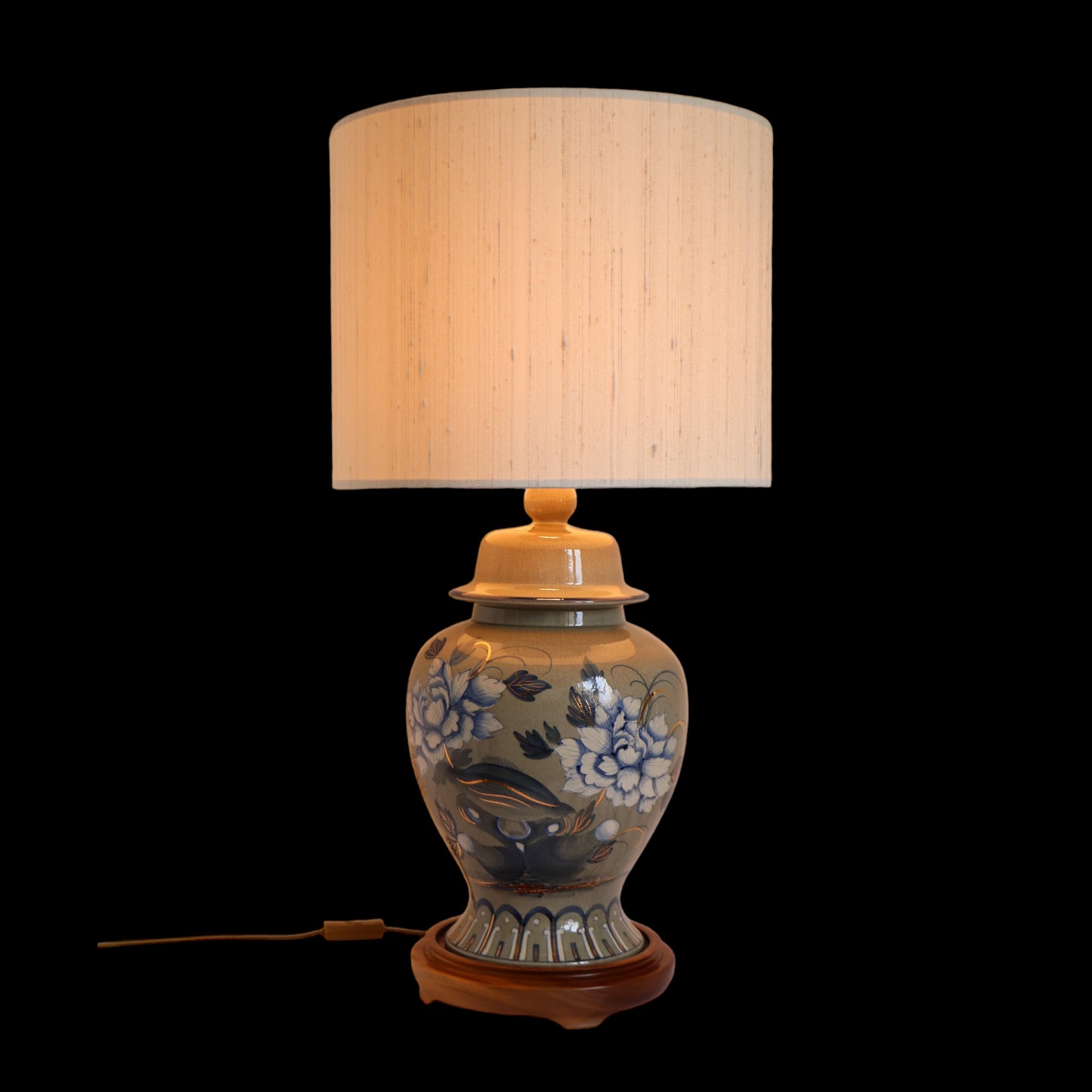 Ceramic lamp, signed Drimmer, with a silk lampshade, gray-taupe-blue color