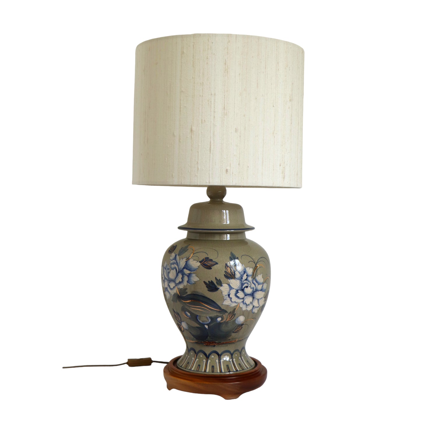 Ceramic lamp, signed Drimmer, with a silk lampshade, gray-taupe-blue color