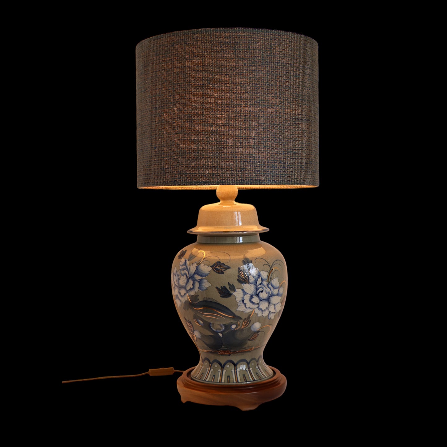 Ceramic lamp, signed Drimmer, with a silk lampshade, gray-taupe-blue color