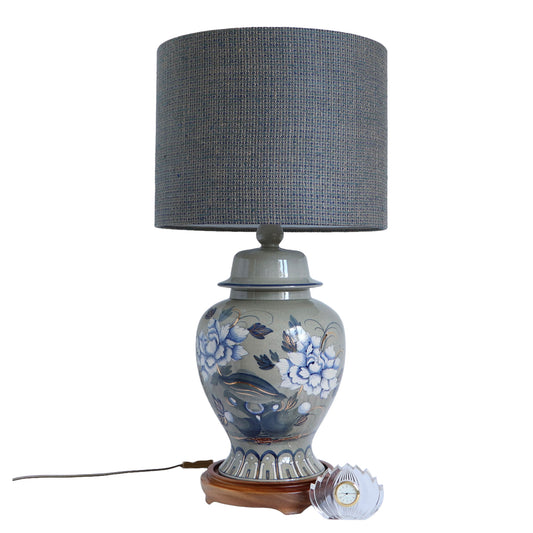 Ceramic lamp, signed Drimmer, with a silk lampshade, gray-taupe-blue color