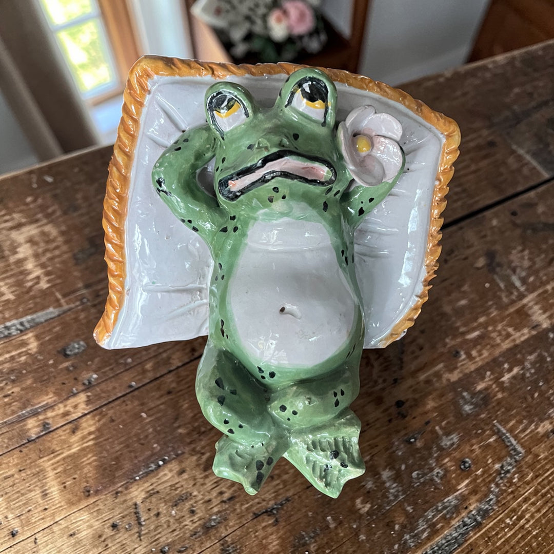 grenouille avec une fleur sur son oreiller