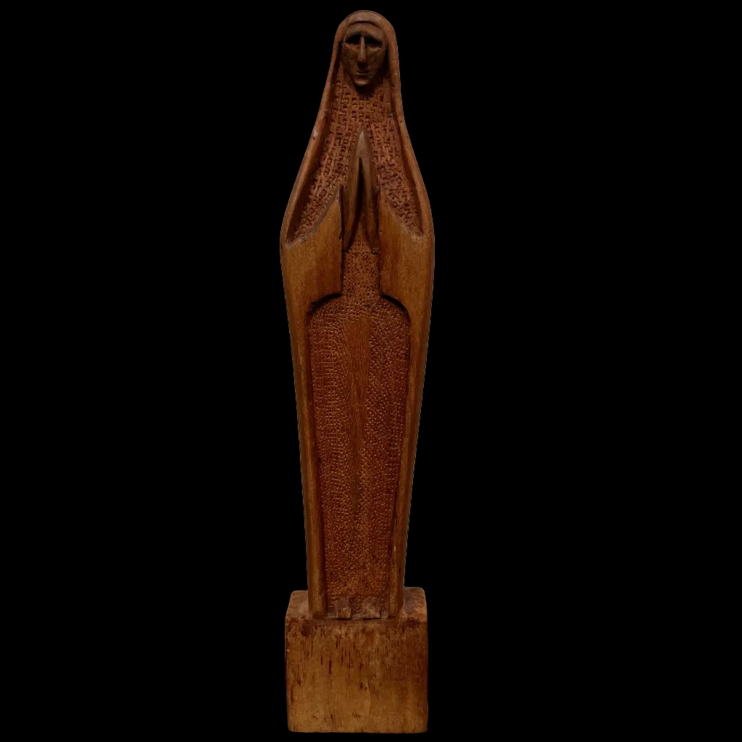 Statue Vierge Marie ancienne en bois sculpté Signée REX 30 cm – Art Déco / Moderniste