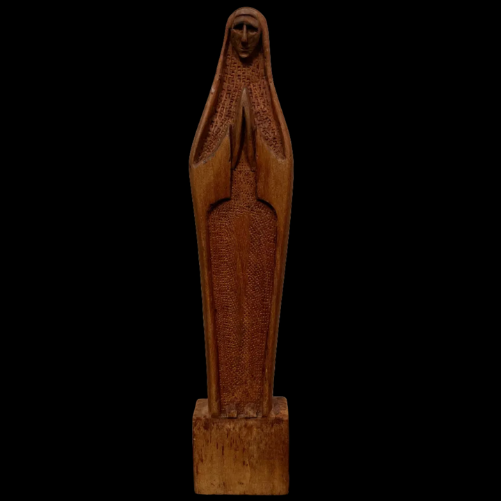 Statue Vierge Marie ancienne en bois sculpté Signée REX 30 cm – Art Déco / Moderniste
