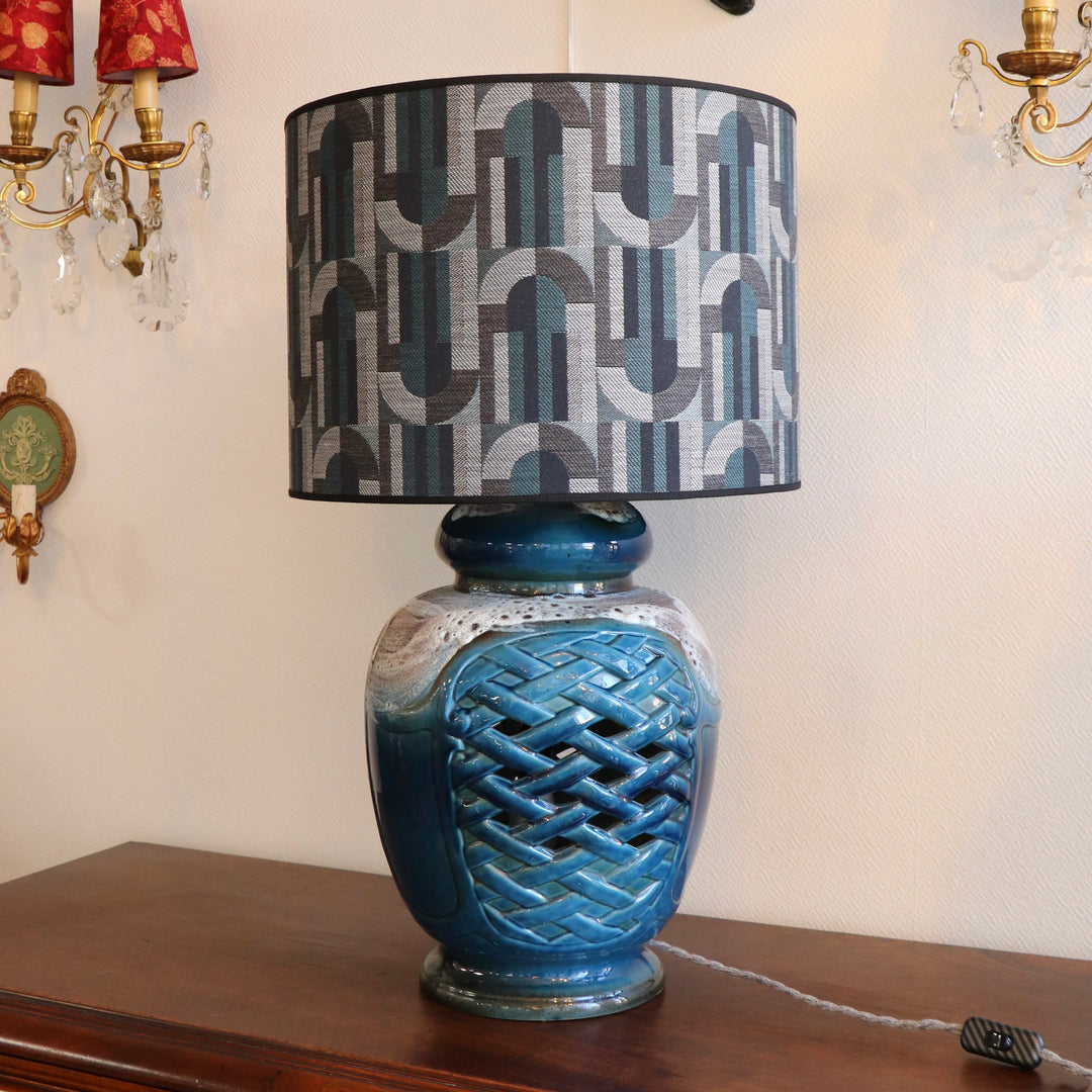 Lampe vintage - bleu – Fat Lava – West Germany, avec abat-jour en tissu d’éditeur
