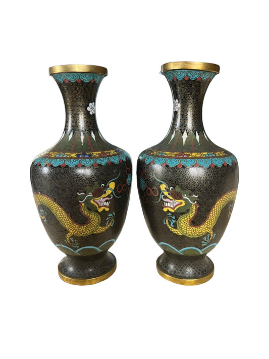 pair of Chinese cloisonné vases with bronze dragon circa 1900