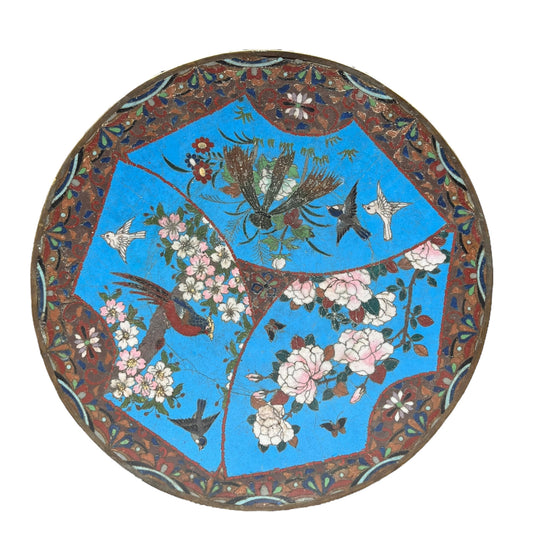 Japanese copper dish with cloisonné enamel birds Meiji period 19th century