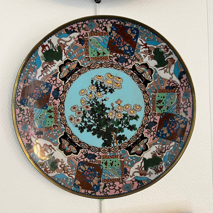 Plat japonais cloisonné fleurs et dragon époque Meiji vers 1900