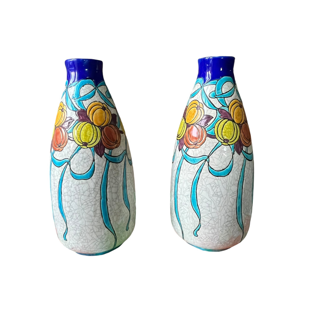 Pair of Vase Art Deco Charles Catteau Boch La Louviere Model 898 D747 Decor at the squash