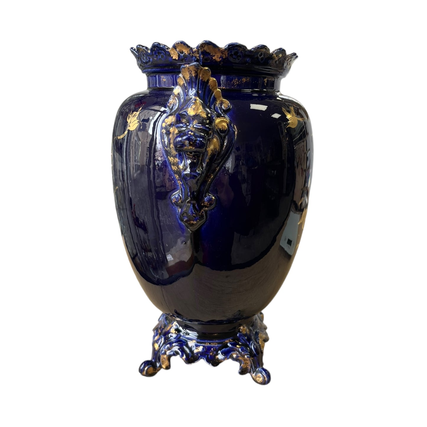 VASE de choisy le roi tête de lions bleu nuit  et or