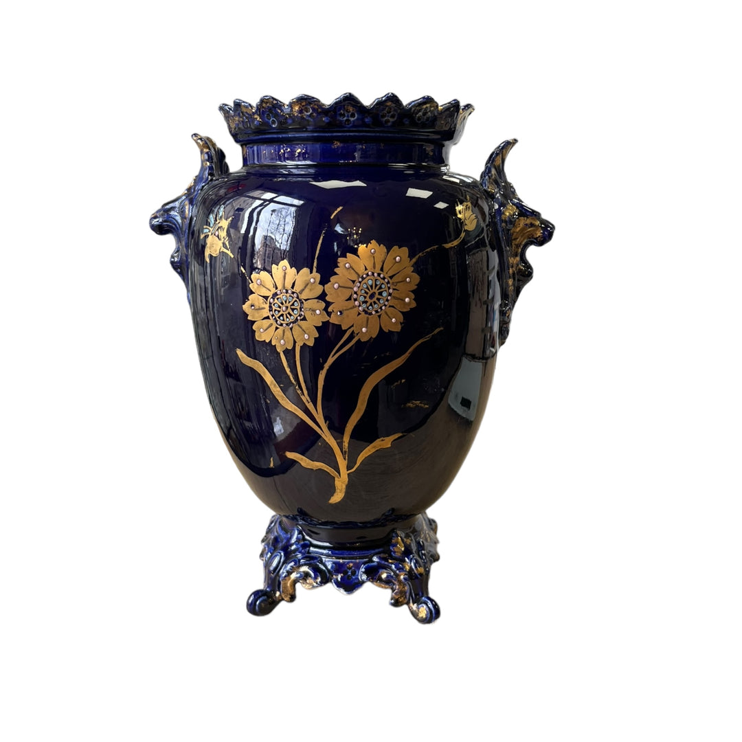 VASE de choisy le roi tête de lions bleu nuit  et or