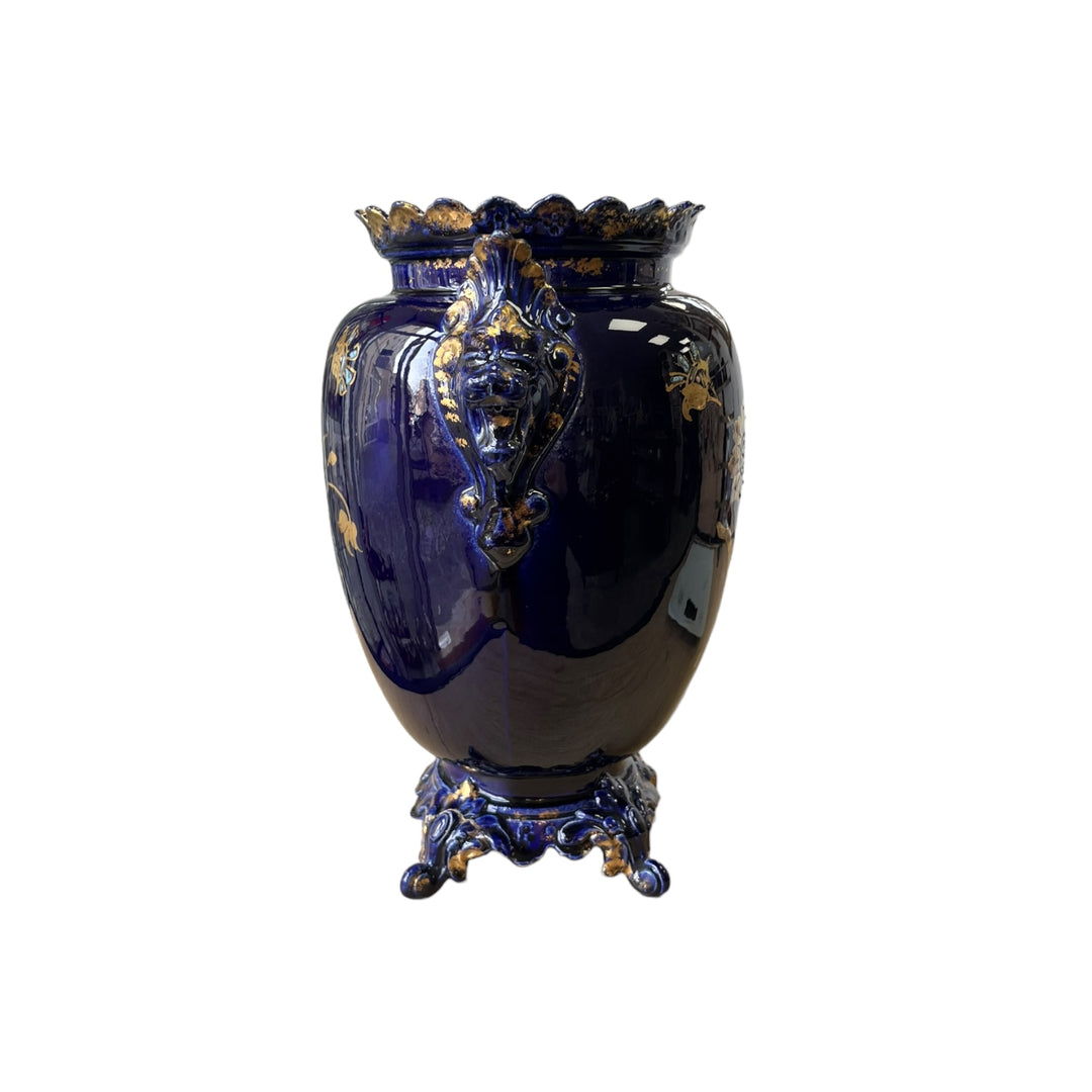 VASE de choisy le roi tête de lions bleu nuit  et or