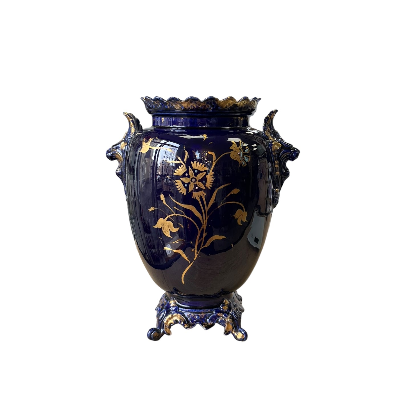 VASE de choisy le roi tête de lions bleu nuit  et or