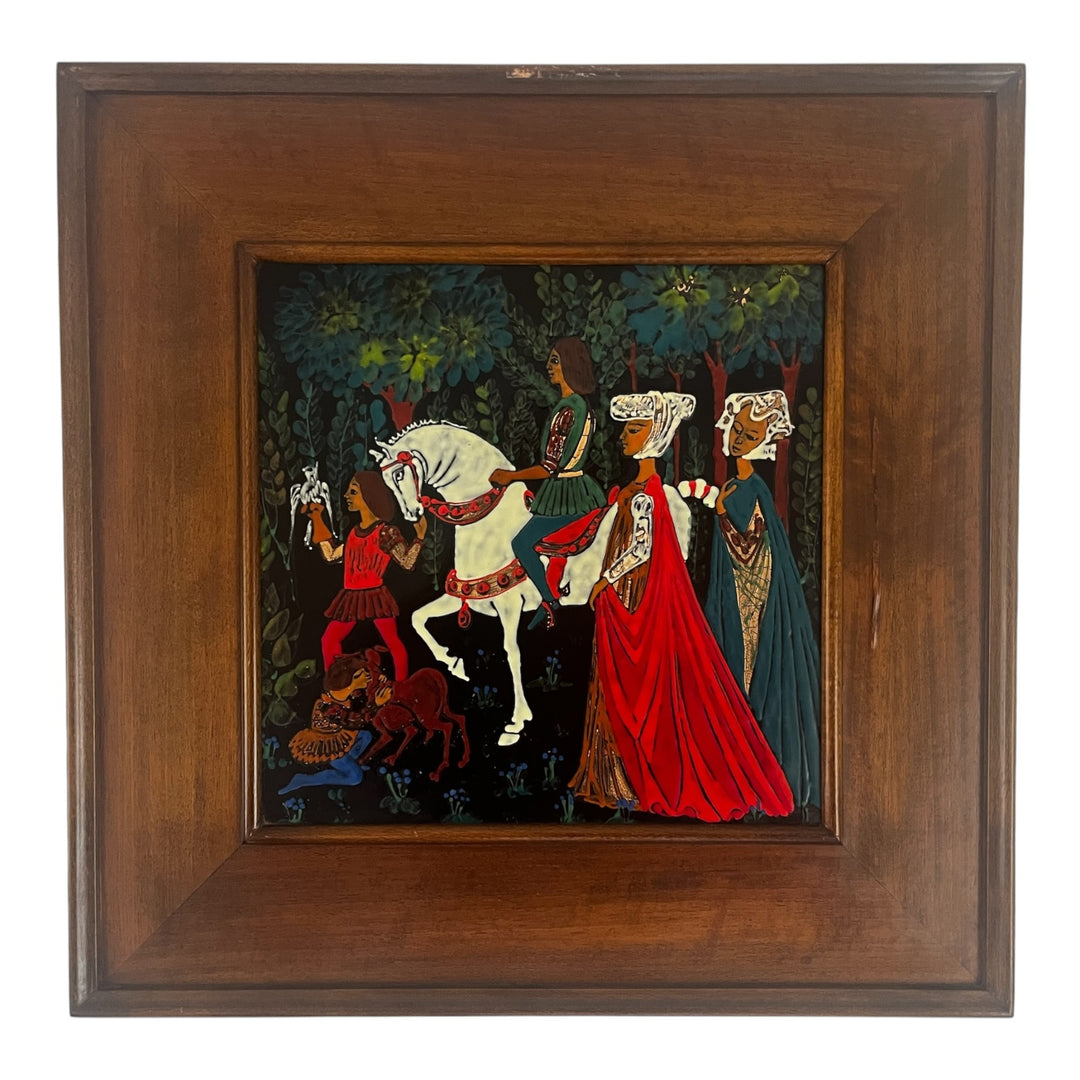 Paire de tableaux en émaux à scènes médiévales, École américaine, années 1950