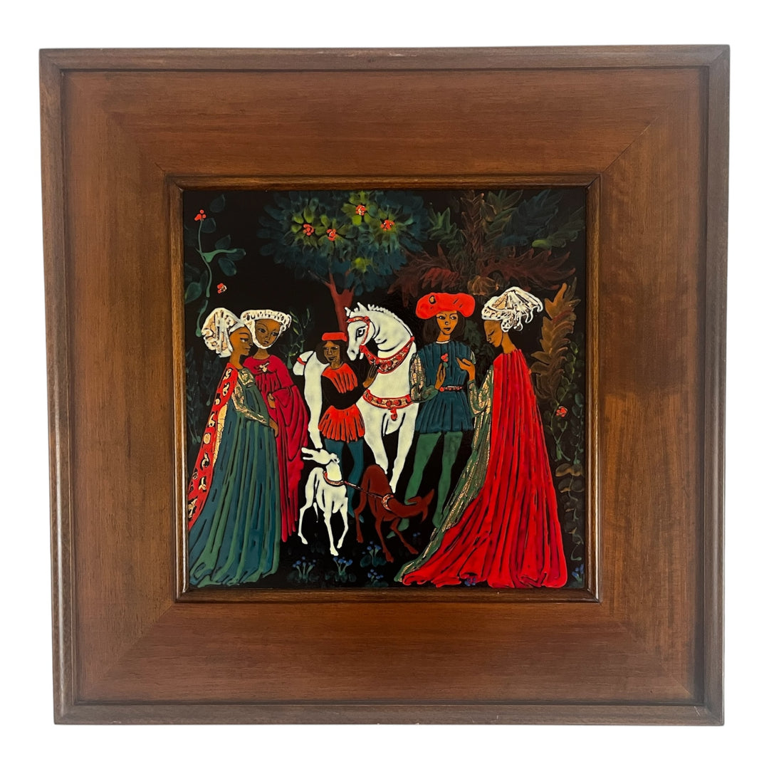 Paire de tableaux en émaux à scènes médiévales, École américaine, années 1950