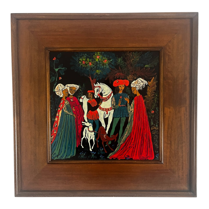 Paire de tableaux en émaux à scènes médiévales, École américaine, années 1950