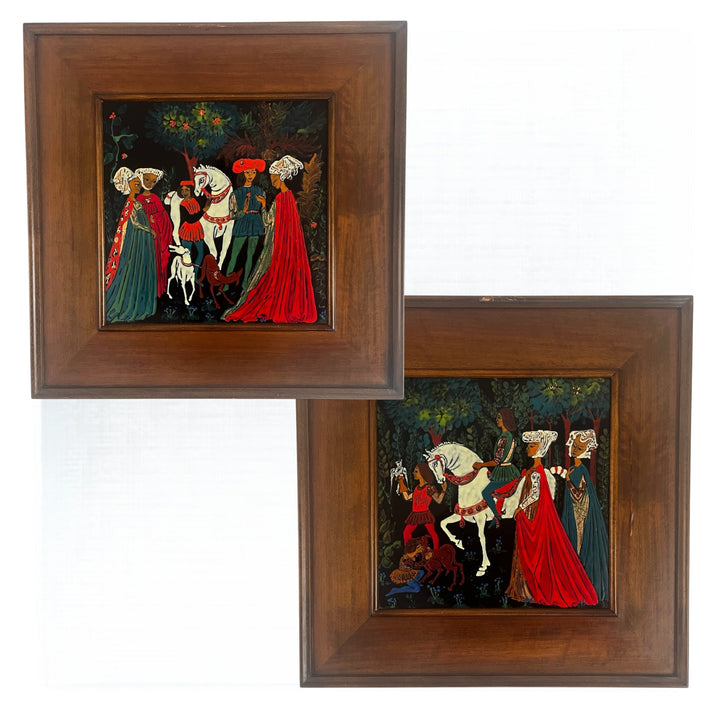Paire de tableaux en émaux à scènes médiévales, École américaine, années 1950
