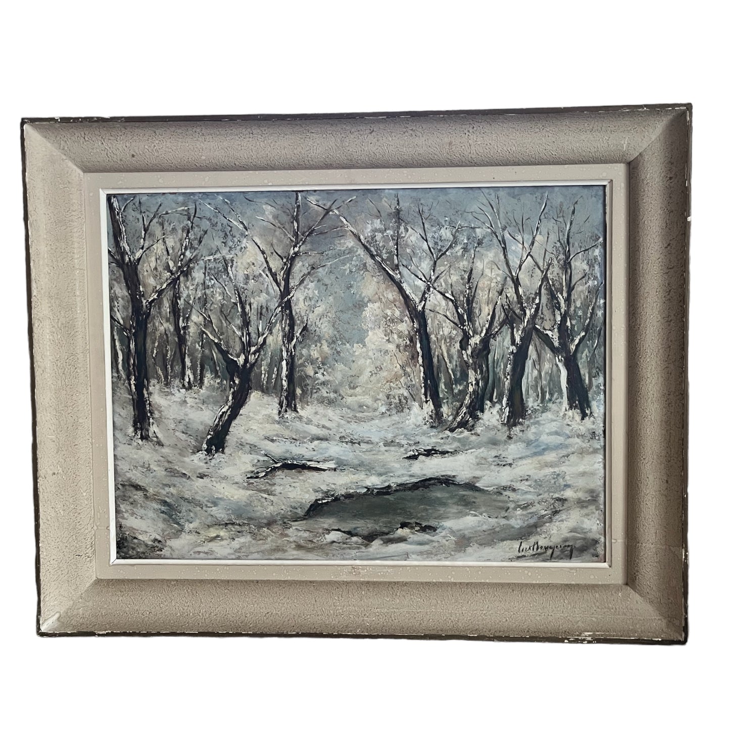 Tableau de Marcel Bouyeron  huile sur panneau forêt sous la neige