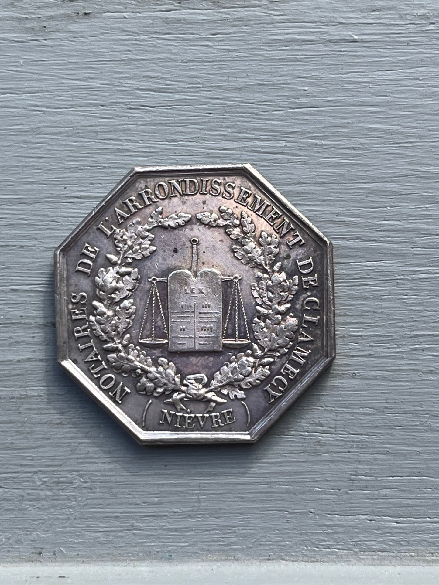 Silver token, NOTARY, Napoleon III bare head CLAMECY, hand