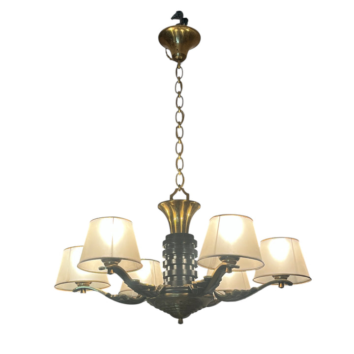 Lustre art déco en bois et cuivre doré 5 feux