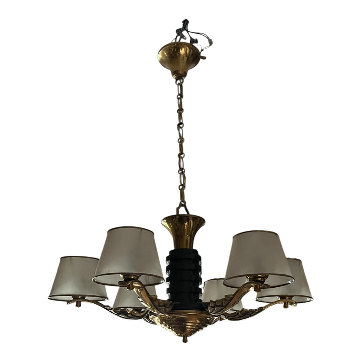 Lustre art déco en bois et cuivre doré 5 feux