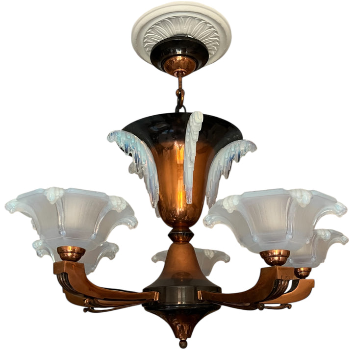 Lustre art deco cuivré 5 feux coupoles opalescentes EZAN