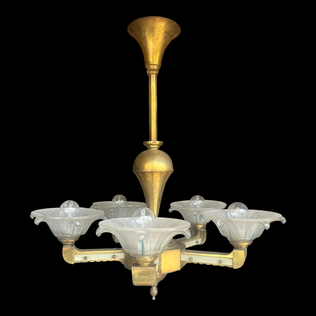 Lustre art deco 5 feux or et vert