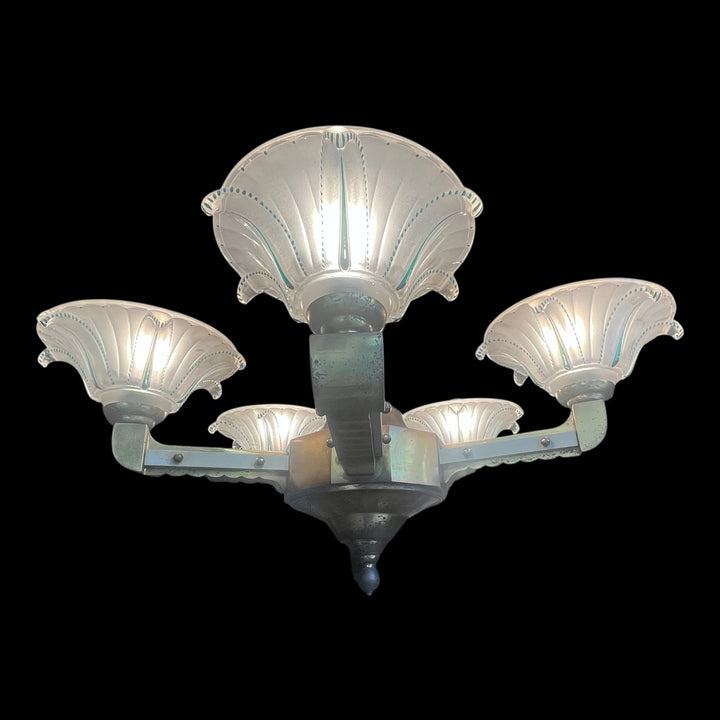 Lustre art deco 5 feux or et vert