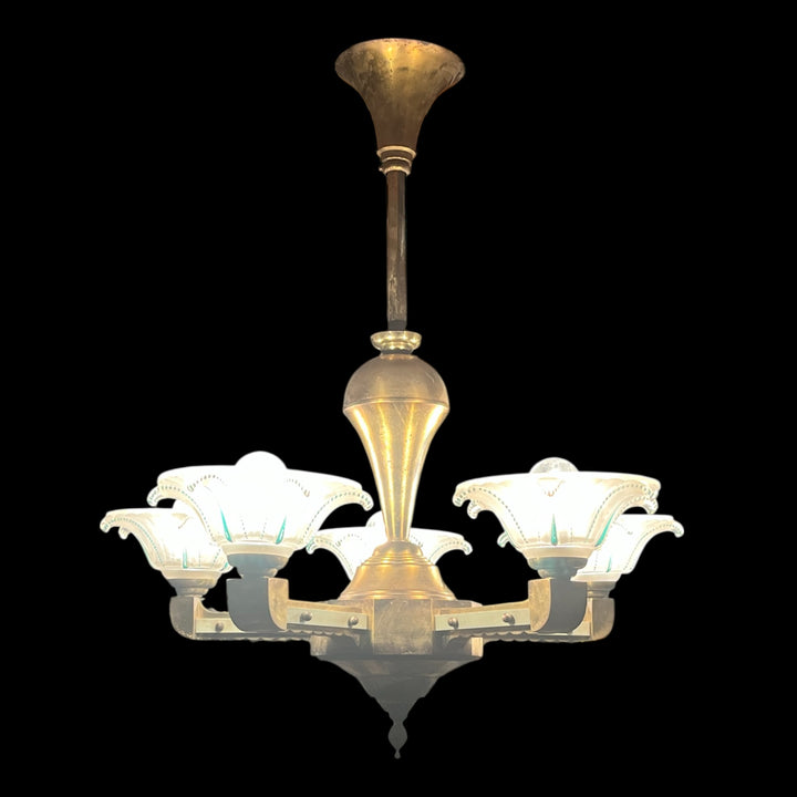 Lustre art deco 5 feux or et vert
