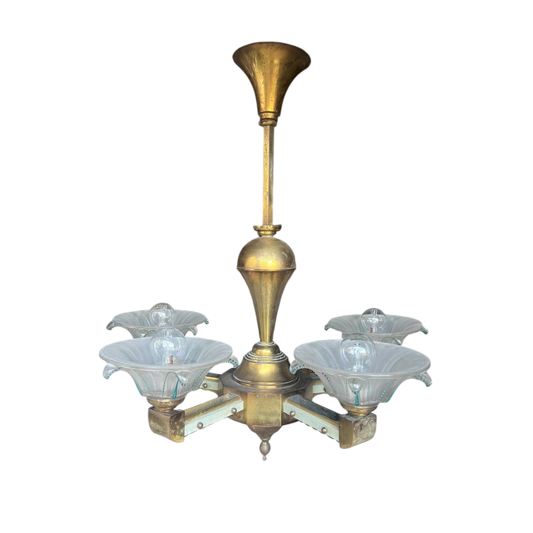 Lustre art deco 5 feux or et vert
