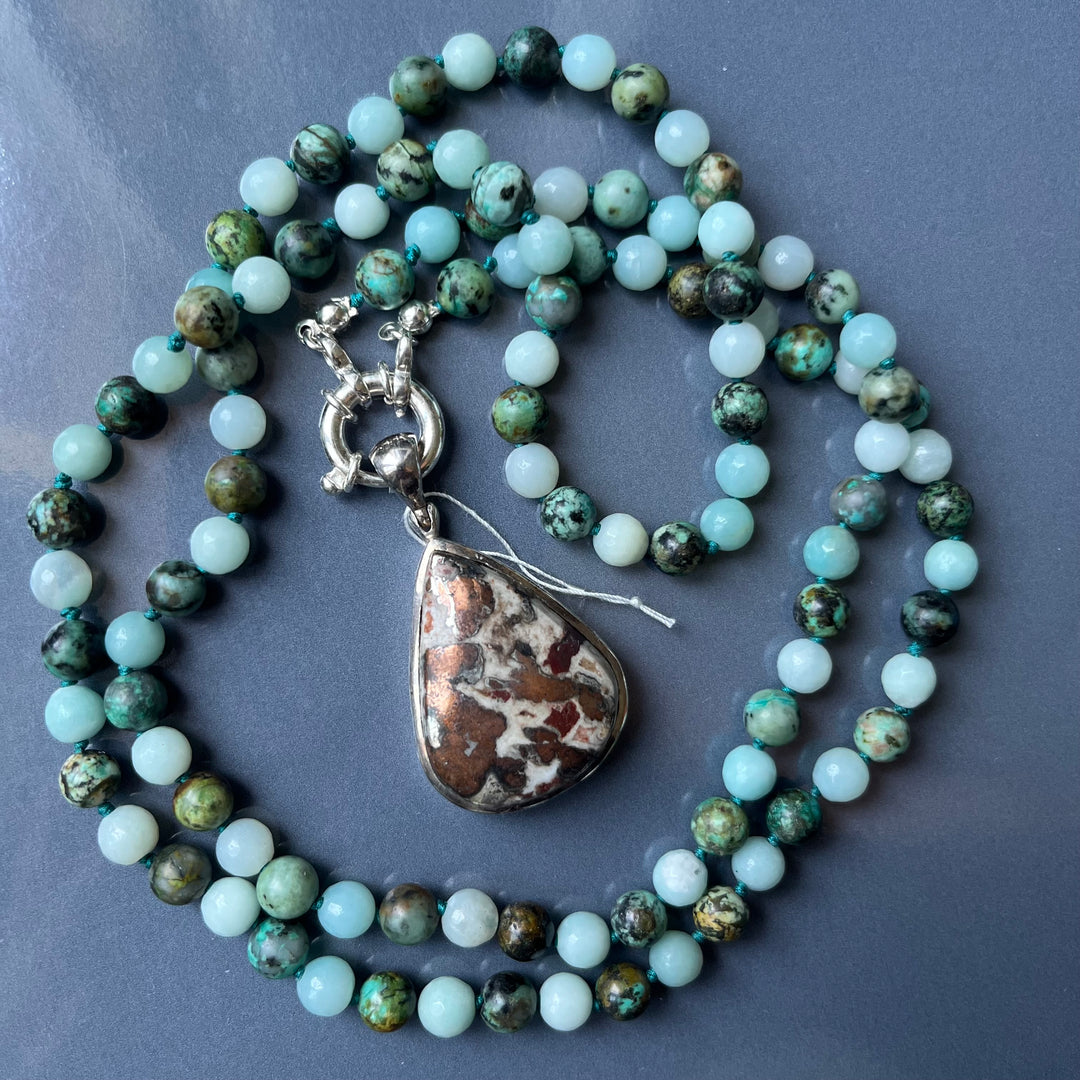 Collier MALA en amazonite et Pendentif en cuivre