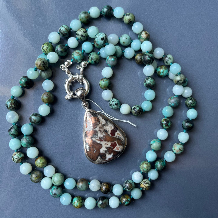 Collier MALA en amazonite et Pendentif en cuivre