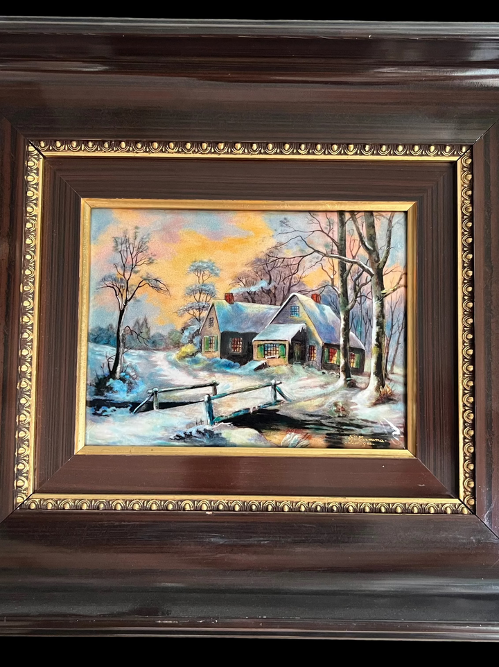 tableau émaux Limoges maisons sous la neige par Carmona