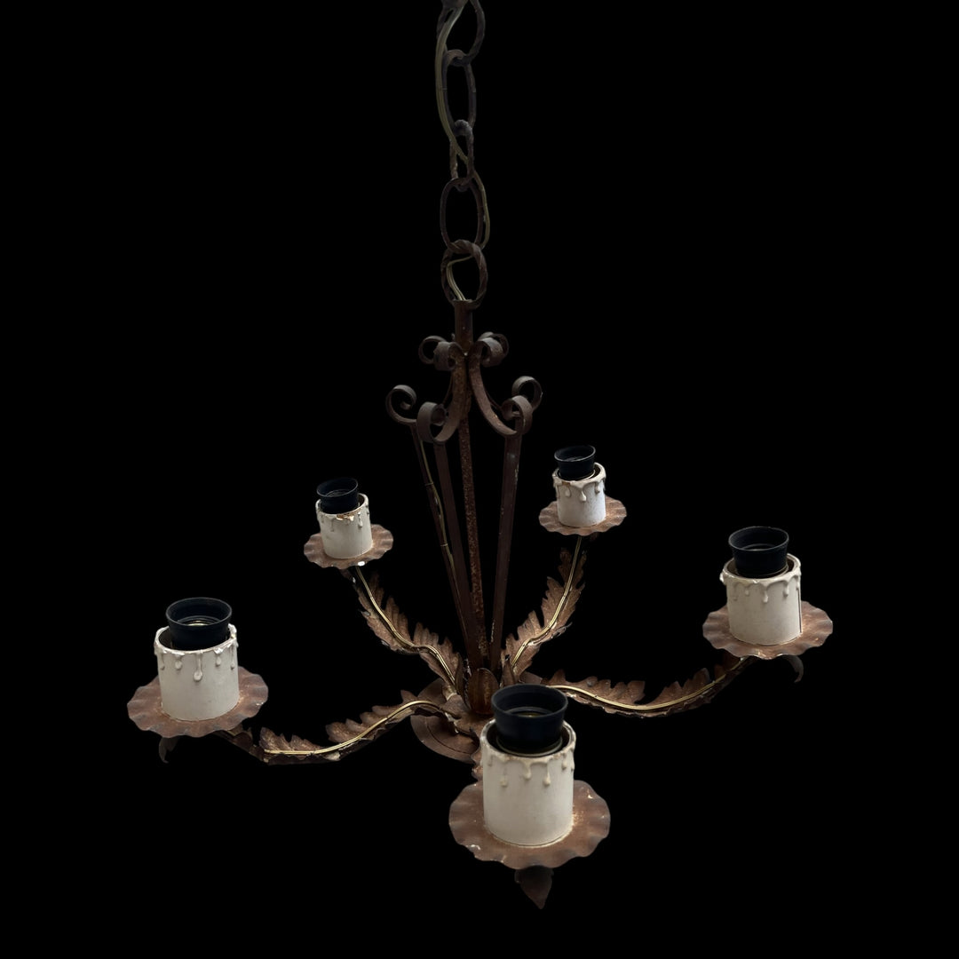 lustre fer forgé patine aux feuilles 5 feux