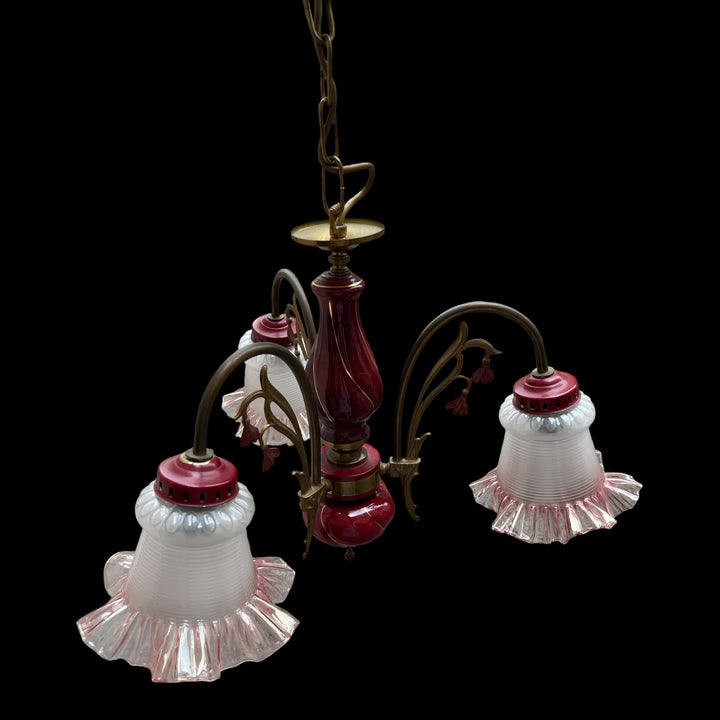 Lustre en porcelaine 3 feux roses