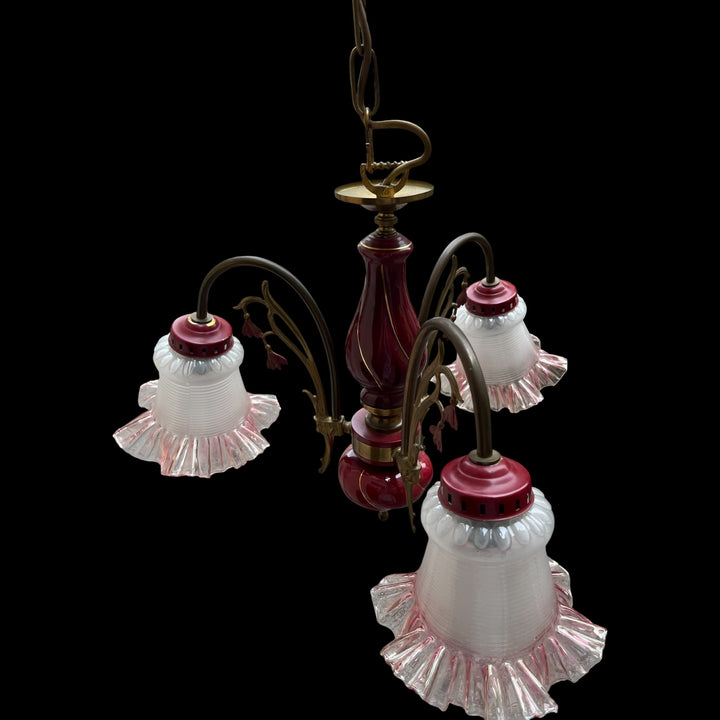 Lustre en porcelaine 3 feux roses