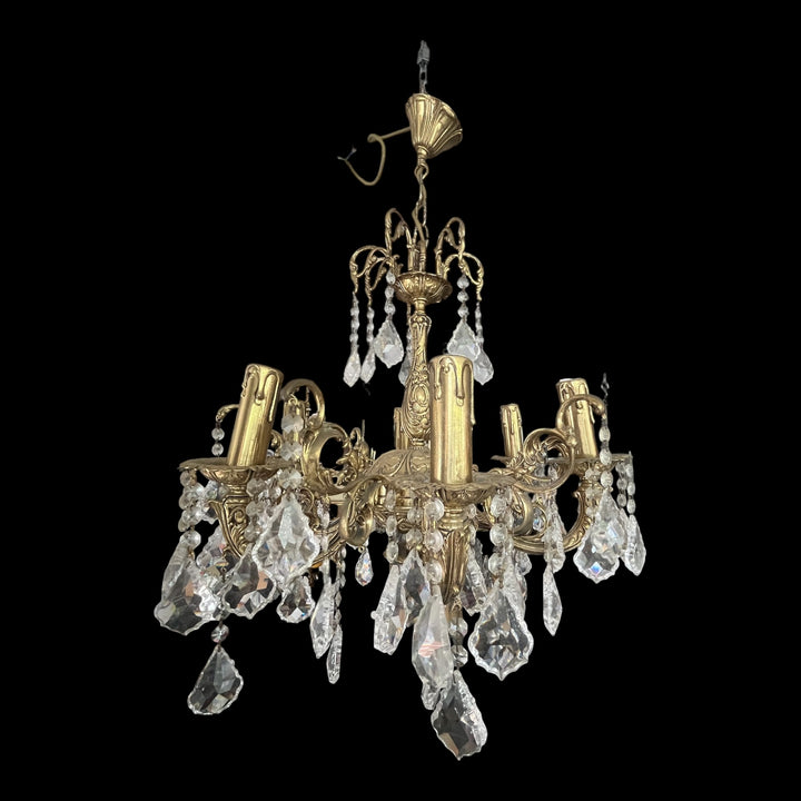 lustre à pampilles cristal de bohème en bronze a 6 feux