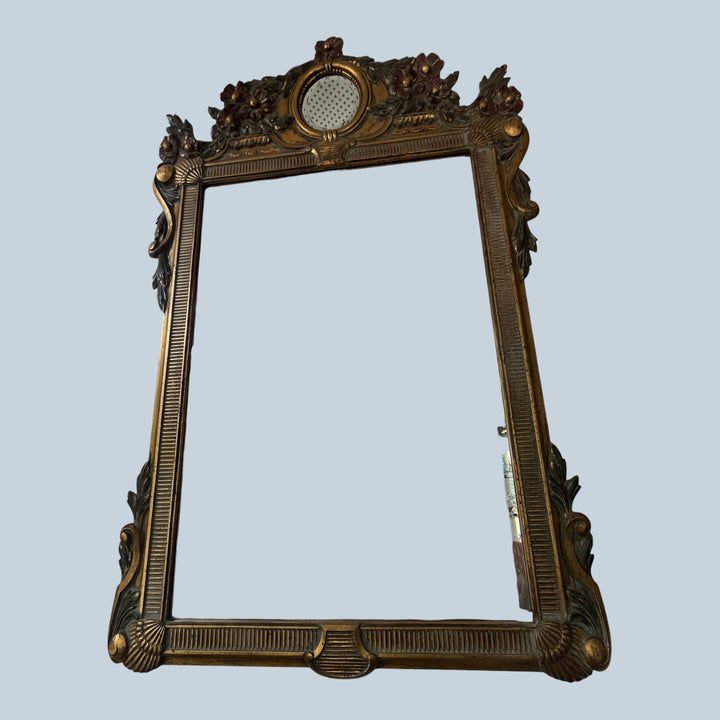 miroir à fronton en bois doré et rouge avec un petit miroir en cartouche