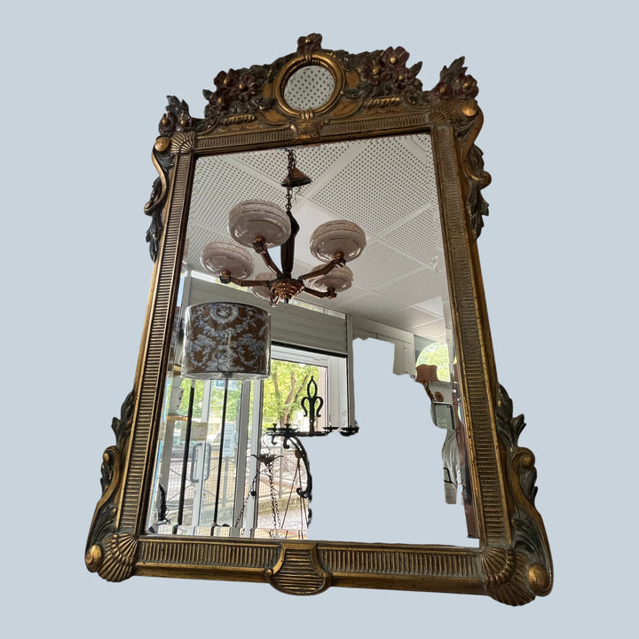 miroir à fronton en bois doré et rouge avec un petit miroir en cartouche