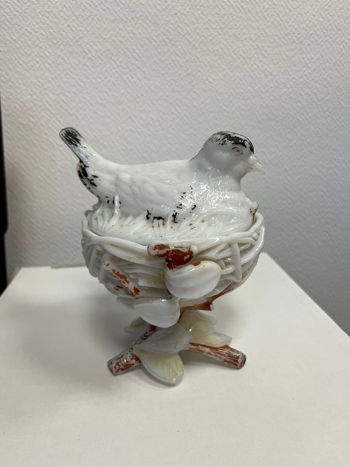 Sucrier/Bonbonnière en opaline art déco oiseau sur son nid