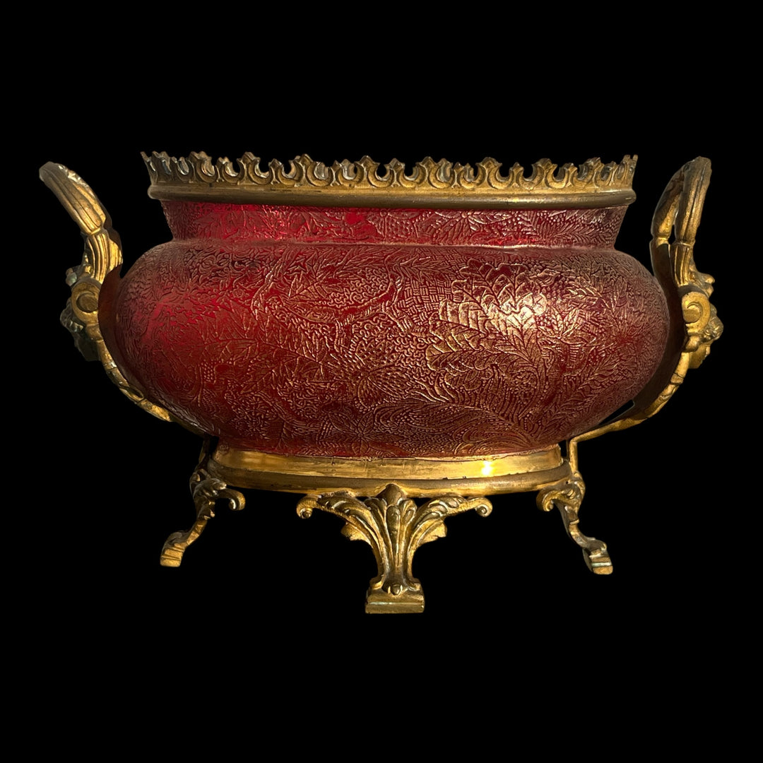Gold enamelled grave glass planter and bronze frame