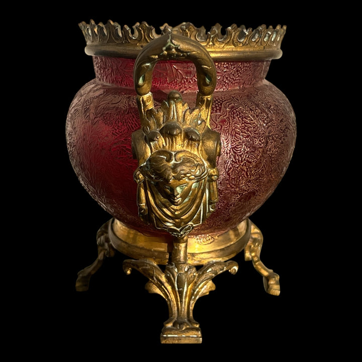 Gold enamelled grave glass planter and bronze frame
