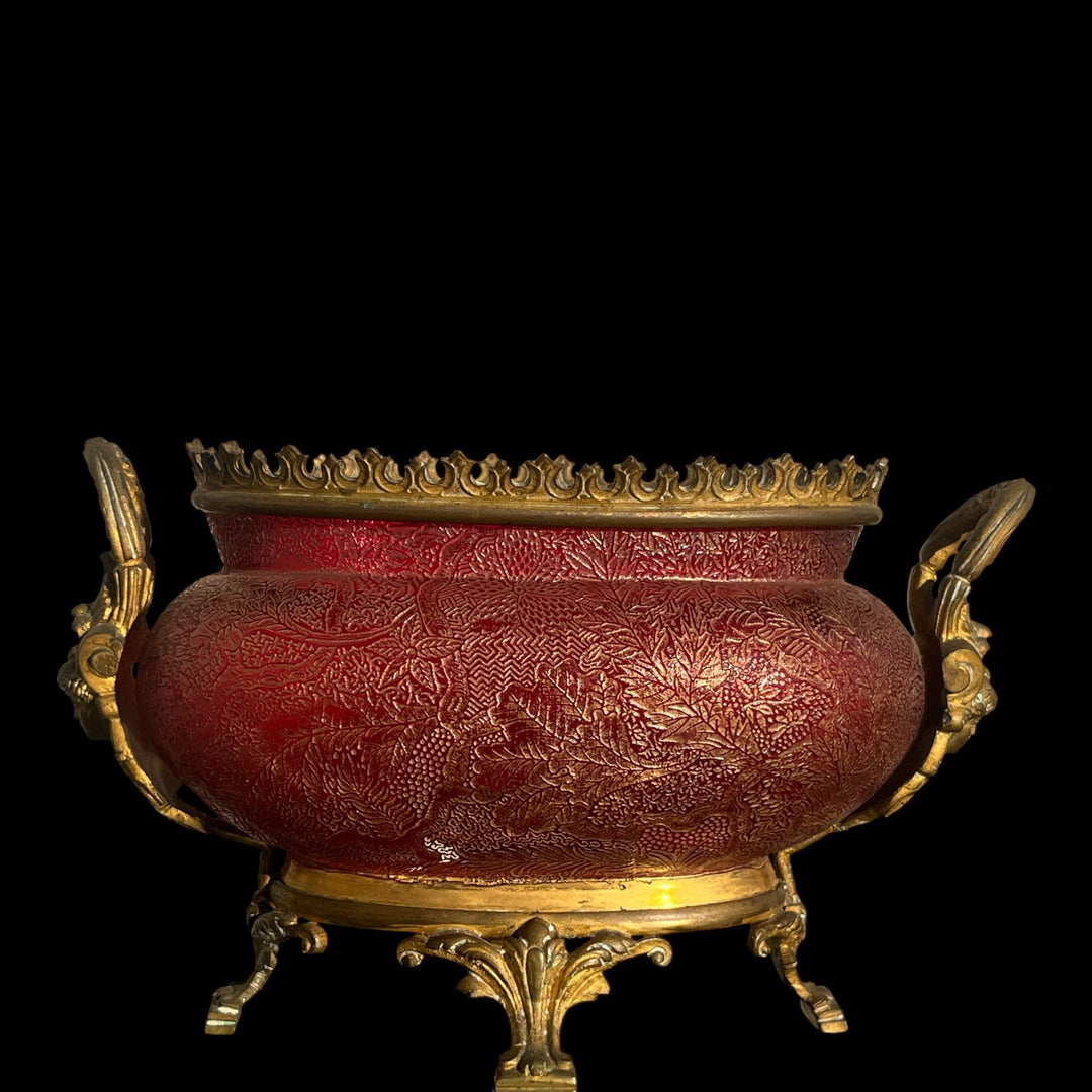 Gold enamelled grave glass planter and bronze frame