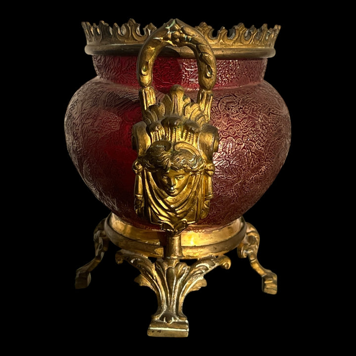 Gold enamelled grave glass planter and bronze frame